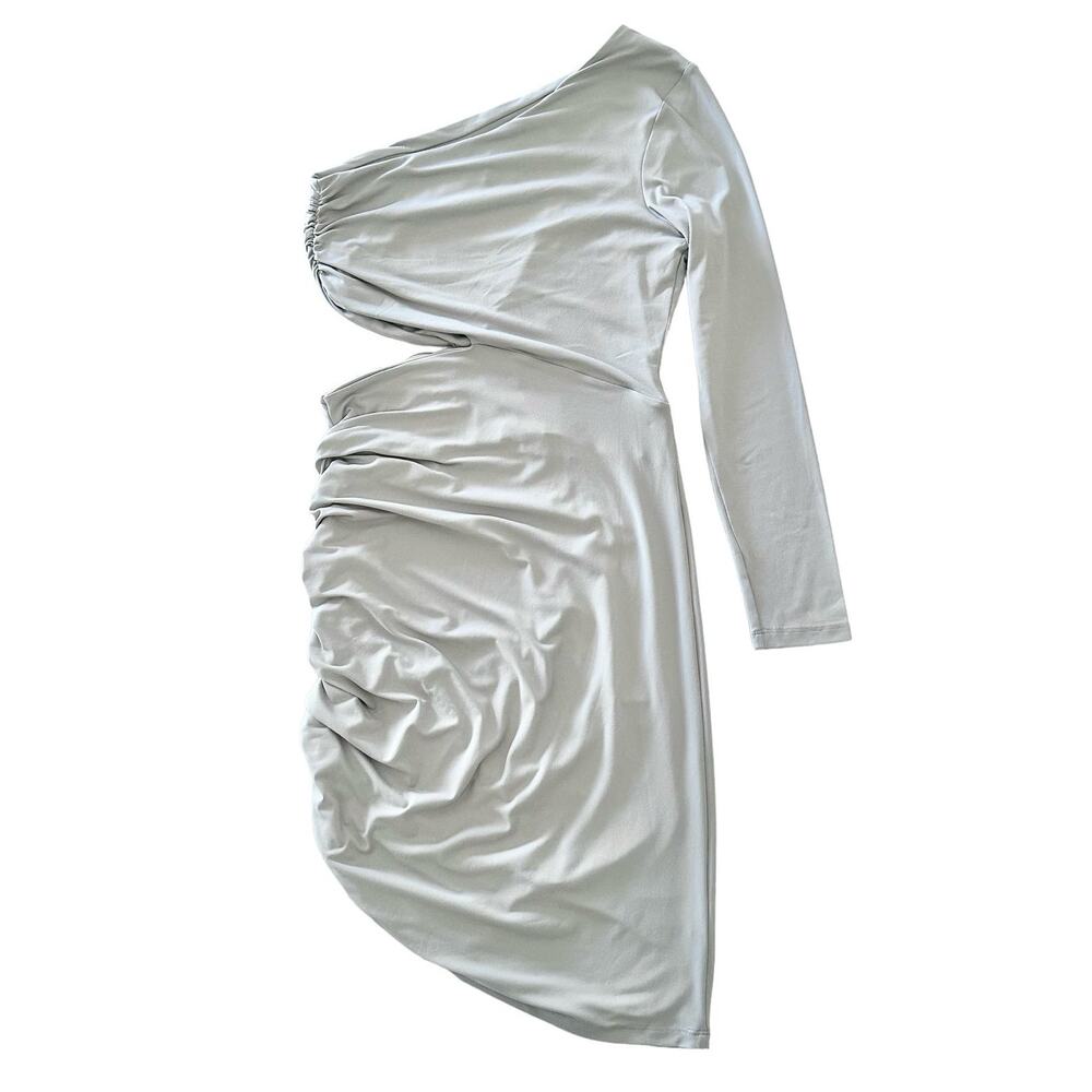 Susana Monaco One Shoulder Cutout Ruched Body-Con Dress, Light Gray, XL - Picture 4 of 7